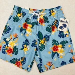 NWT TRUNKS SURF & SWIM Tropical Hawaiian Blue Floral Lined Swim Shorts Men Small